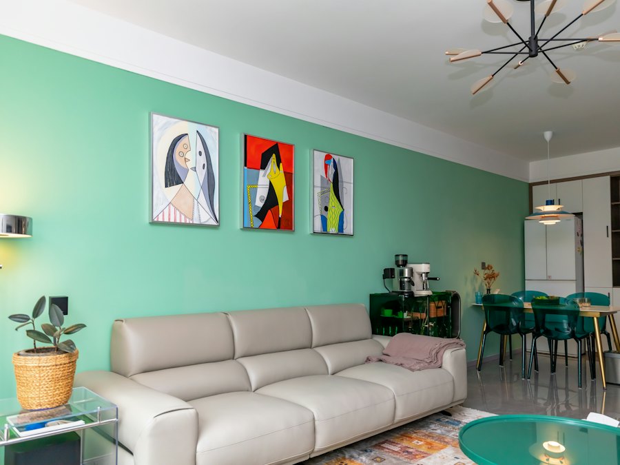 Living room with freshly painted soft green walls