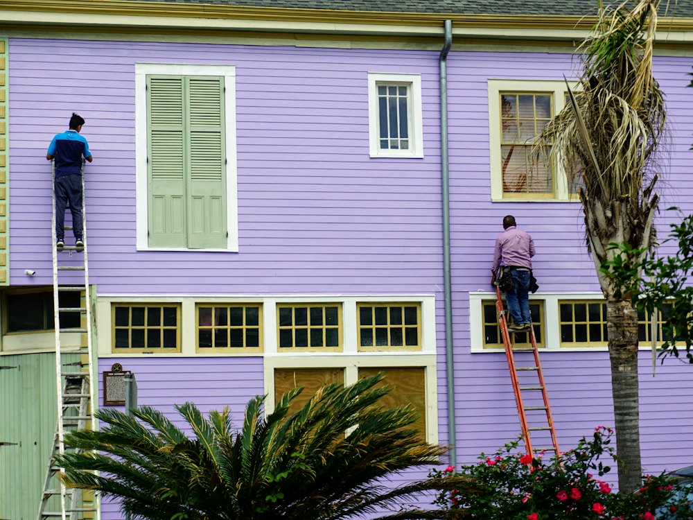 Two painters on ladders repainting a weatherboard house